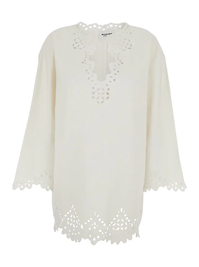 Dress 'Sherazade' Crew Neck with Cut-Out Details and Scalloped Hem in White Cotton for Women in White, image 1 of 1 from Gaudenzi Boutique
