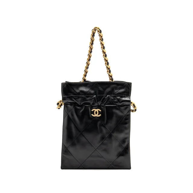 Chanel Small Drawstring Tote Bag with Chain Shiny Lambskin Black GHW in Black Lambskin from EMIER