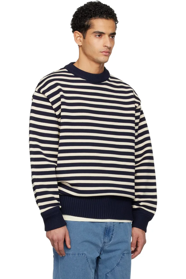 nanamica Navy & Off-White Mock Neck Stripe Sweater, photo 2 of 4 from SSENSE