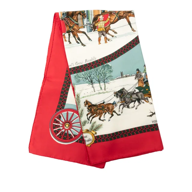 White Hermès L Hiver en Poste Silk Scarf 90 Scarves in White Silk from Designer Revival