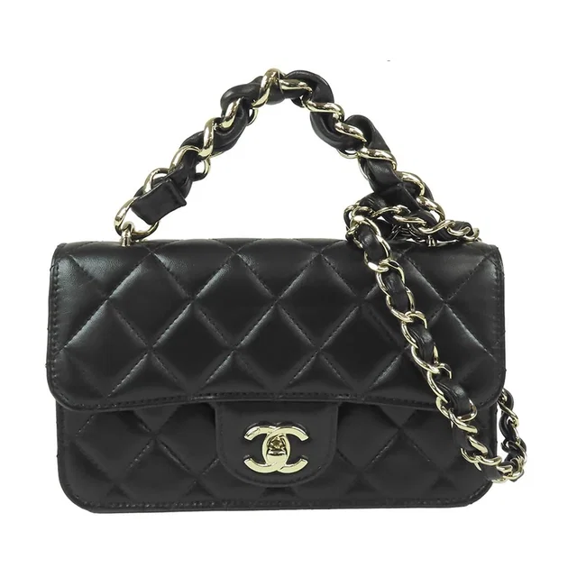 Chanel Chain Shoulder Bag Black Gold Lambskin Quilted 20 2-Way in Black Lambskin from The Reluxe