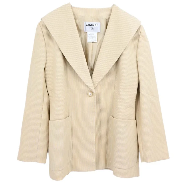 Chanel 2001 Striped Jacket Beige Ivory #46 in White Nylon from AMORE Vintage Tokyo