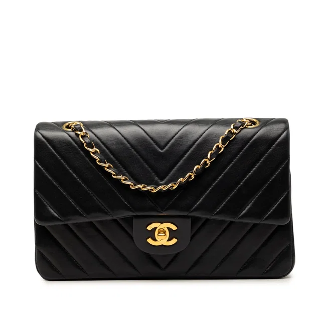 Black Chanel Medium Classic Chevron Lambskin Double Flap Shoulder Bag in Black Lambskin from Designer Revival