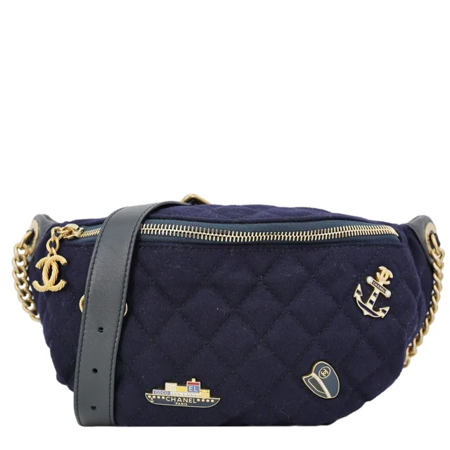 Chanel Paris Hamburg Charms Quilted Wool Waist Bag Navy Blue in Navy Wool from Dallas Designer Handbags