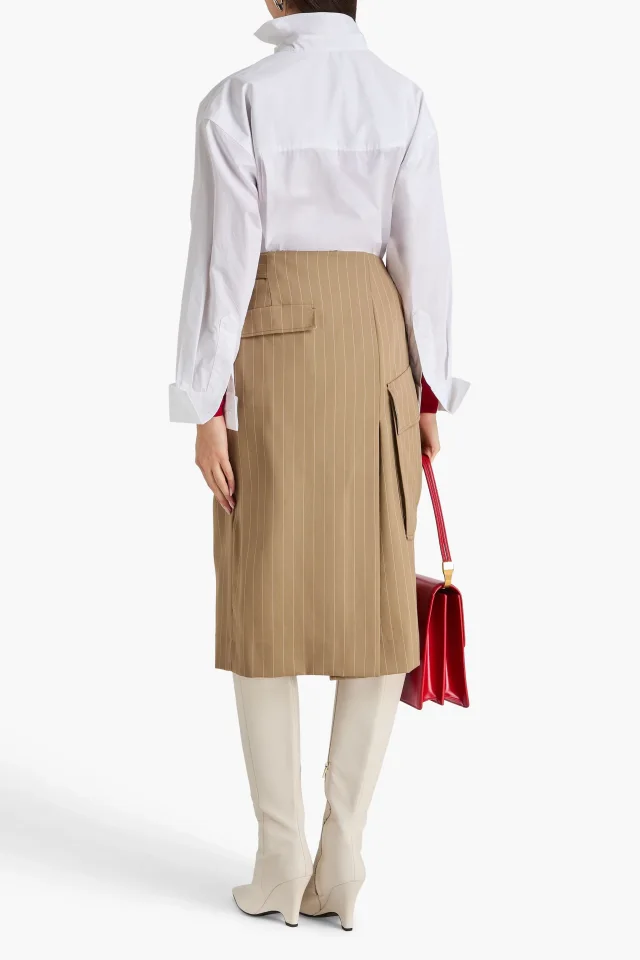 Victoria Beckham Pinstriped Virgin Wool-Twill Wrap Skirt in Sand, photo 3 of 4 from THE OUTNET
