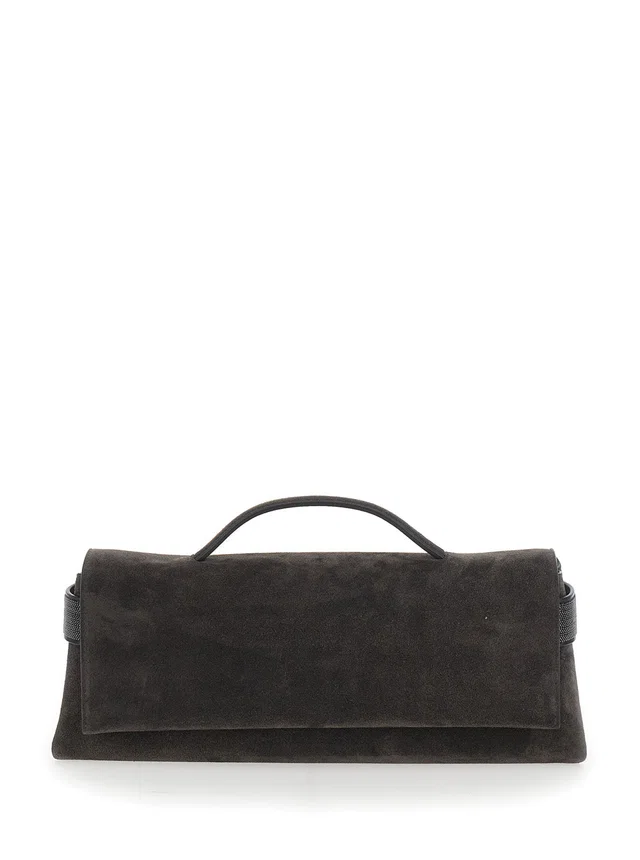 Brunello Cucinelli Suede Top Handle Clutch — Brown Leather in Brown Suede from HEWI