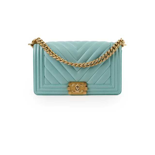 Chanel Old Medium Boy Chevron Calfskin Tiffany Blue in Blue Calfskin from The Purse Affair