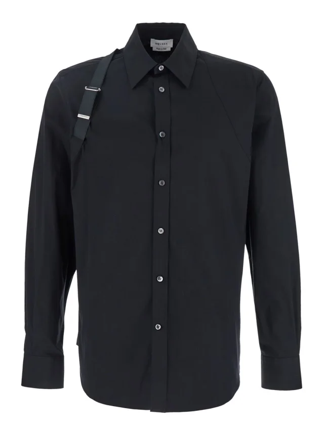 Black 'Harness' Shirt with Classic Collar and Strap Detail on Sleeve in Cotton for Men in Black, image 1 of 1 from Gaudenzi Boutique