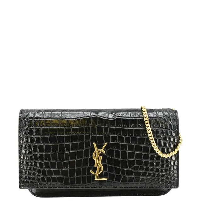 Saint Laurent Monogram Sunset Crocodile Embossed Leather Shoulder Bag Black in Black Crocodile from Dallas Designer Handbags