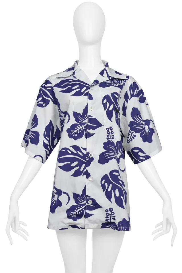 Prada Blue And White Hibiscus Print Hawaiian Shirt 2022 in White from Resurrection Vintage