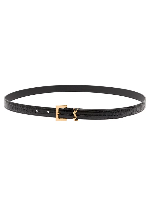 Saint Laurent Cassandre Belt — Black Crocodile-embossed Leather in Black Crocodile from HEWI
