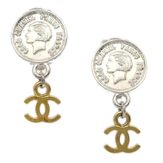 Chanel Medallion Dangle Earrings Gold Silver Clip-On 97P in Gold from AMORE Vintage Tokyo