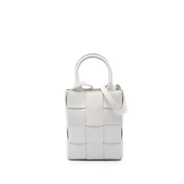 White Bottega Veneta Mini Maxi Intrecciato Nappa North South Cassette Tote Satchel in White Nappa leather from Designer Revival