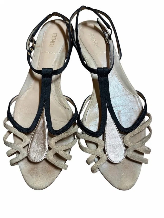 Fendi And Beige Leather T-Strap Slingback Sandals in black Leather from Poshmark
