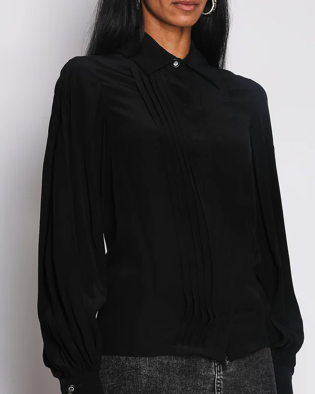 Chanel Black Pleated Silk Long Sleeve Blouse with Black Buttons Size FR 34(UK 6) in Black Silk from Sellier