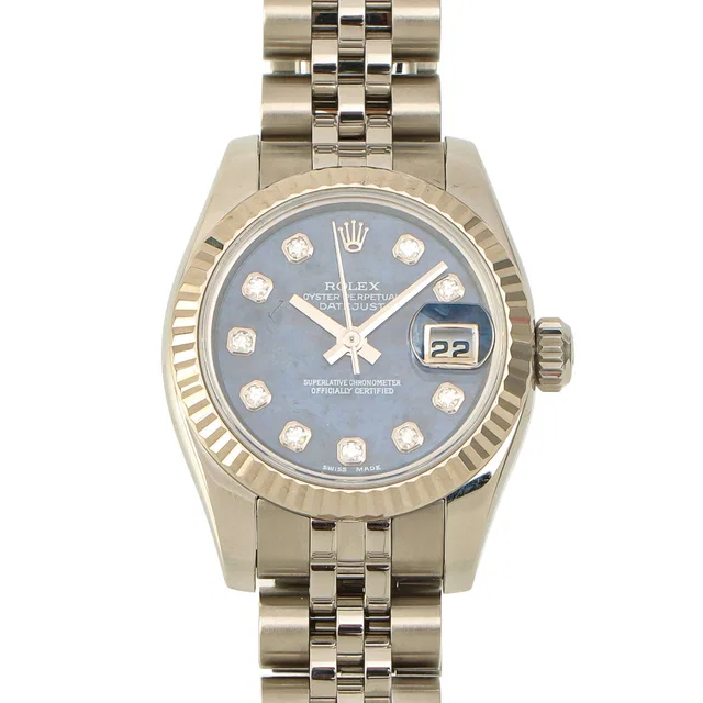 Rolex 2009 10P Diamond Oyster Perpetual Datejust 26mm 179174G V-serial Automatic Silver/Blue in Blue from VINTAGE QOO TOKYO