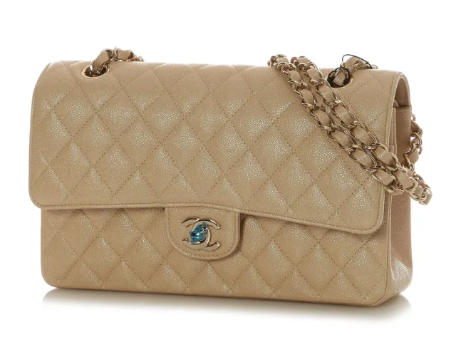 Chanel Medium/Large Iridescent Beige Quilted Caviar Classic Double Flap in Beige Caviar leather from Ann's Fabulous Finds, photo 3 of 10