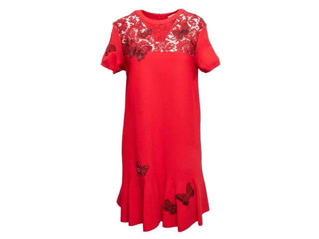 Red Valentino Lace-Accented Butterfly Motif Dress Size US L in Red from Designer Revival