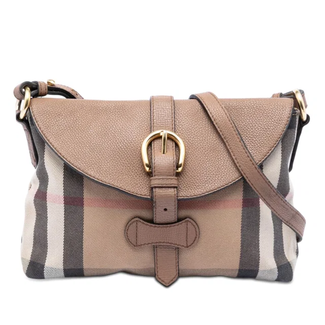 Brown Burberry Small House Check Canvas and Leather Horseshoe Milton Crossbody in Brown Canvas from Designer Revival