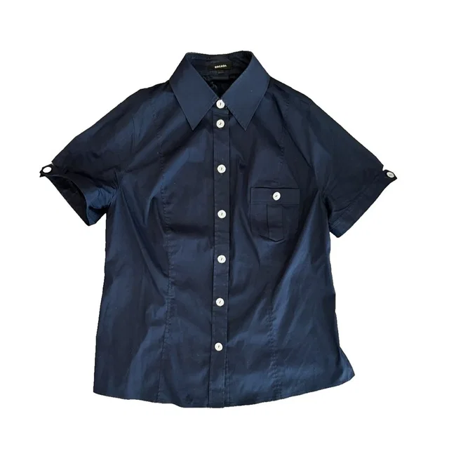 Escada Womens Navy Blue Button Up Shirt Rhinestone Buttons Short Sleeve 42/Us 10 in blue from Poshmark