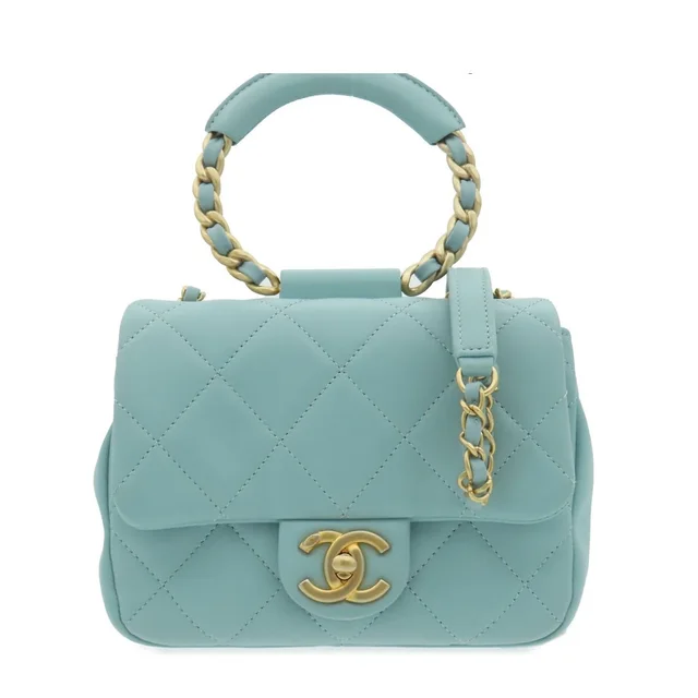Chanel Shoulder Bag Pastel Blue Gold Lambskin Quilted 2-Way Top Handle Small in Blue Lambskin from The Reluxe