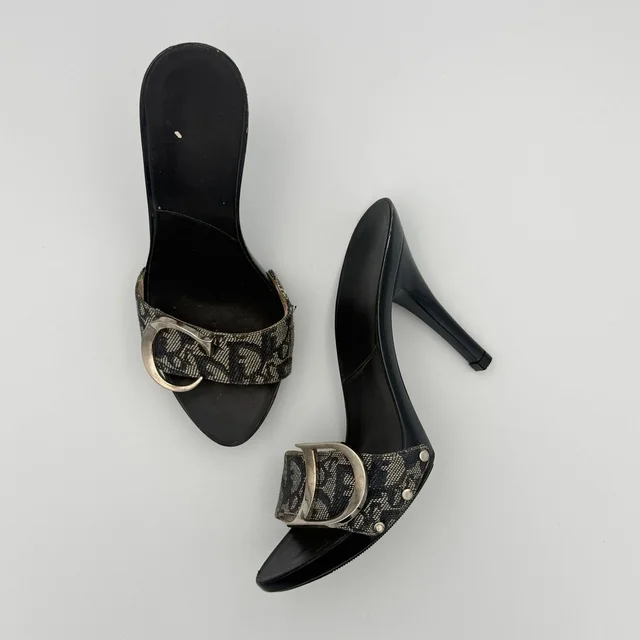Dior Vintage By John Galliano Cd Sandal Mule Heels In Navy Monogram Canvas in blue Coated canvas from Poshmark