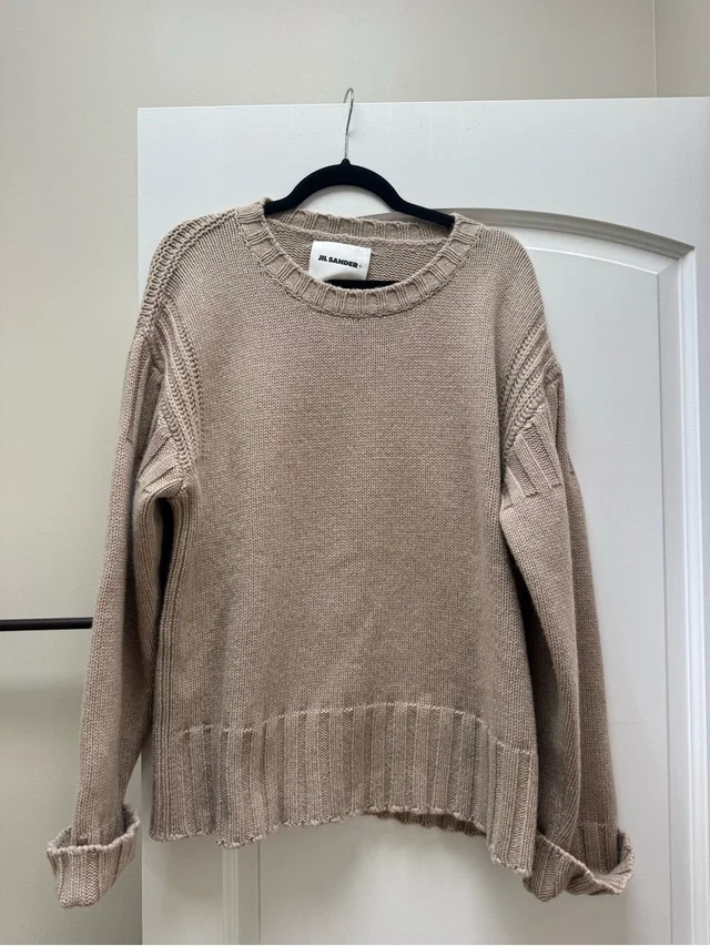 Jil Sander + Beige Chunky Knit Crew Neck Sweater Size 44 in red from Poshmark