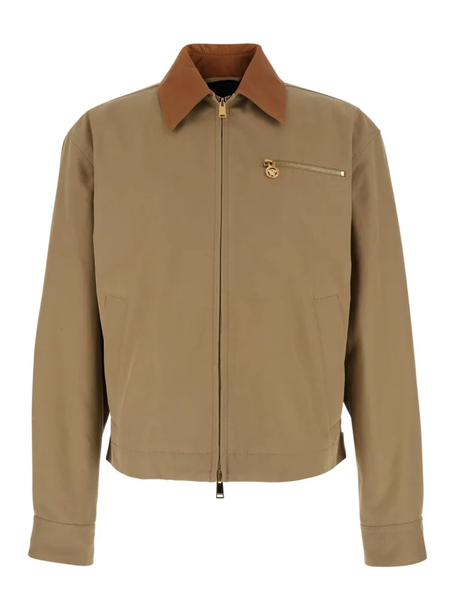 Beige Jacket with Leather Collar and Medusa Head Metallic Detail in Cotton for Men in Beige, image 1 of 1 from Gaudenzi Boutique