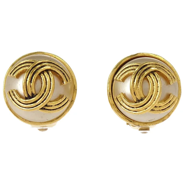 Chanel Costume Pearl Button Clip-On Earrings Gold 94A in Gold from AMORE Vintage Tokyo