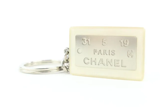 Chanel Rare White x Silver 99a CC Logo Address Plate Keychain Bag Charm in White Canvas from Bagriculture