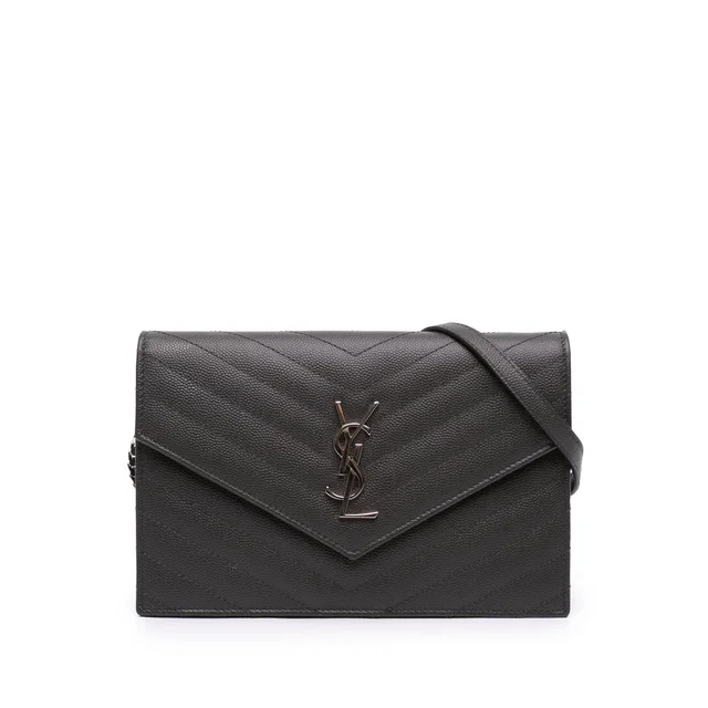 Gray Saint Laurent Grain De Poudre Chevron Cassandre Envelope Chain Wallet Crossbody Bag in Grey Leather from Designer Revival