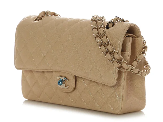 Chanel Medium/Large Iridescent Beige Quilted Caviar Classic Double Flap in Beige Caviar leather from Ann's Fabulous Finds, photo 4 of 10