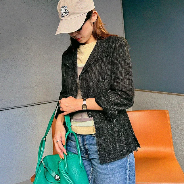 Chanel 2007 Tweed CC Mark Button Jacket #38 Black in Black Tweed from VINTAGE QOO TOKYO