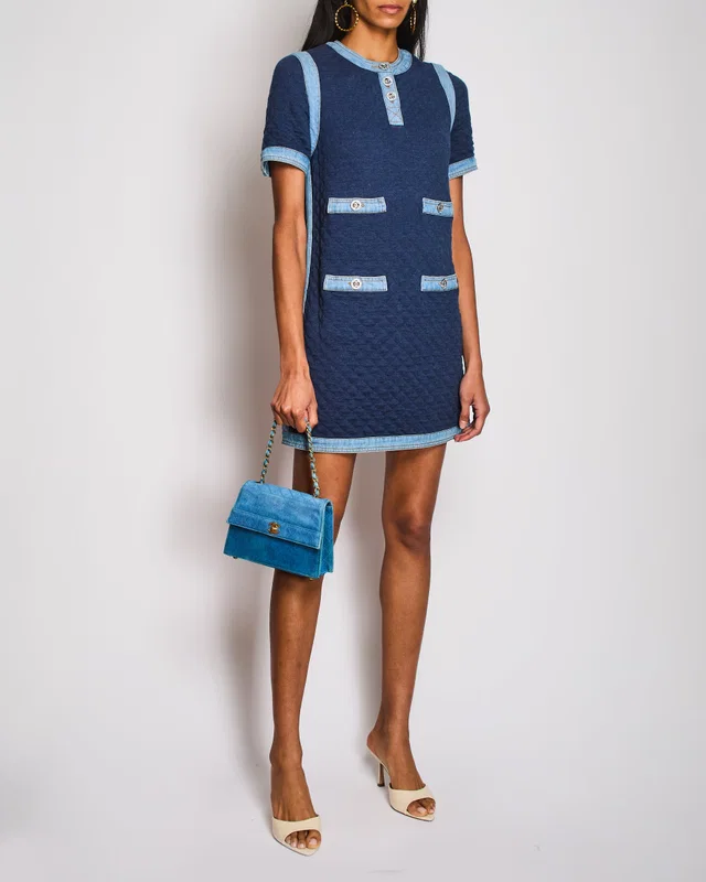Chanel 20/P Blue Quilted Short Sleeve Midi Dress with Denim Trim Detail Size FR 36 (UK 8) in Blue Denim from Sellier