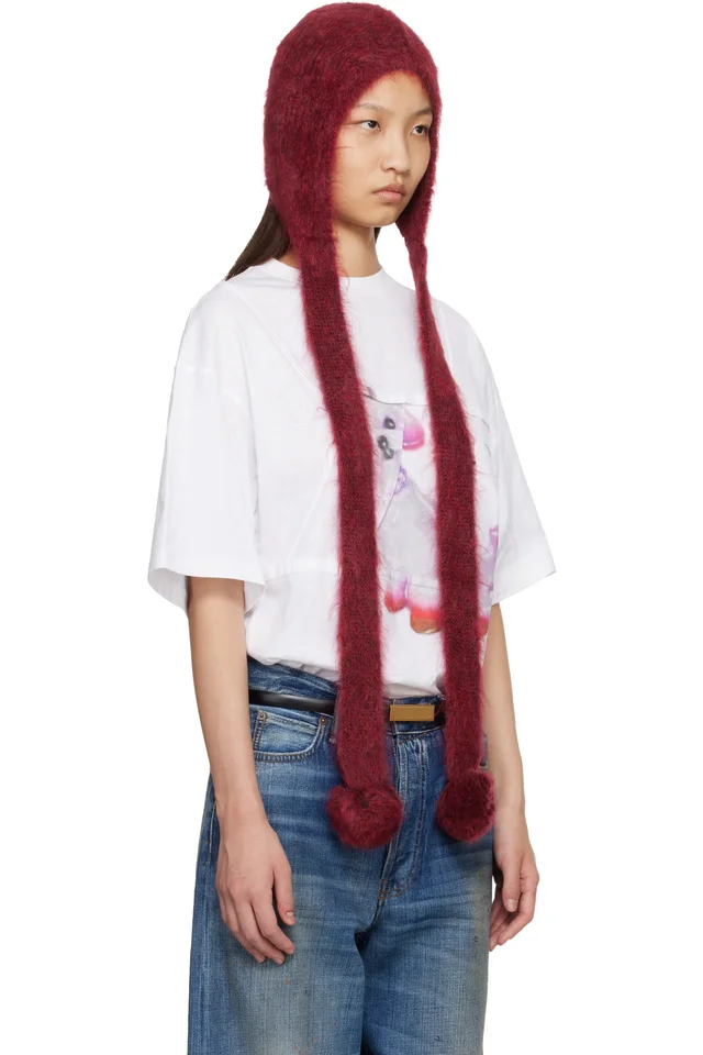 Acne Studios Red Mohair Earflap Hood, photo 2 of 3 from SSENSE