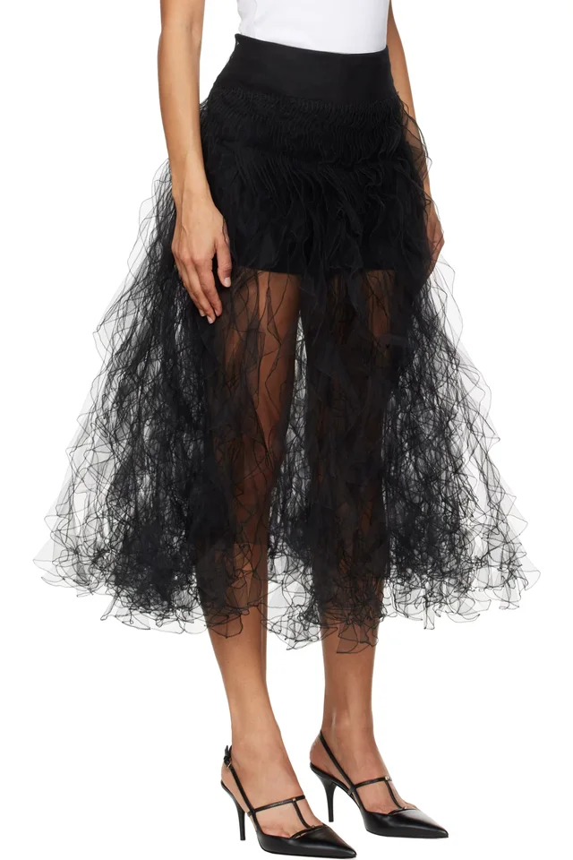 Valentino Black Tulle Illusione Midi Skirt, photo 2 of 4 from SSENSE