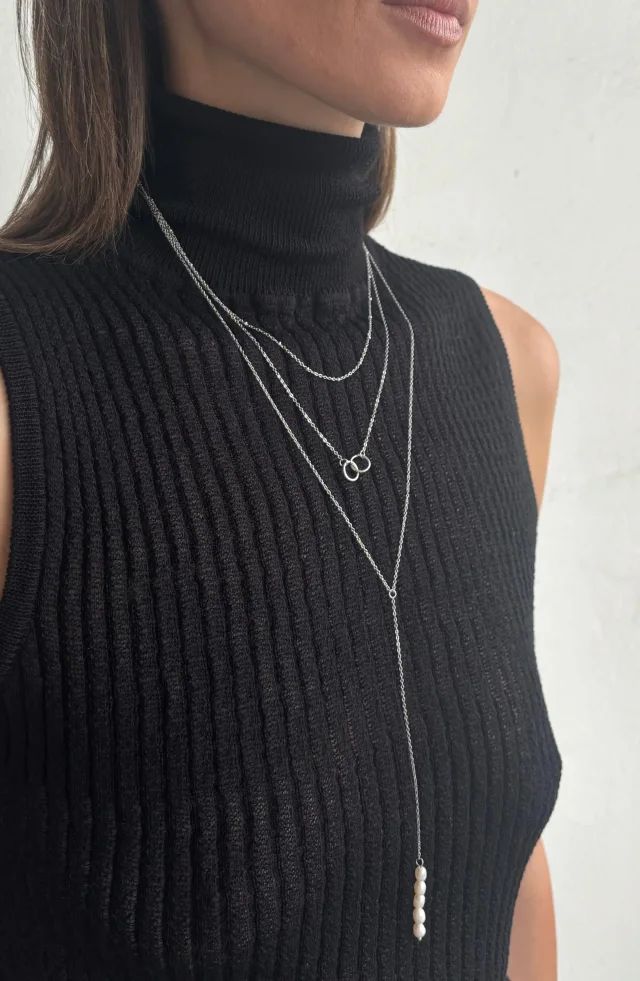 Adornia White Rhodium Plated Triple Strand Interlocking Ring & 19mm Freshwater Pearl Necklace in White, photo 2 of 2 from Nordstrom Rack