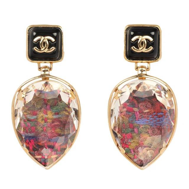 Chanel Tweed Drop Earrings Black Enamel Gold Tone Hardware in Multi Tweed from Madison Avenue Couture