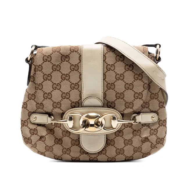White Gucci GG Canvas Horsebit Shoulder Bag in White Canvas from Designer Revival