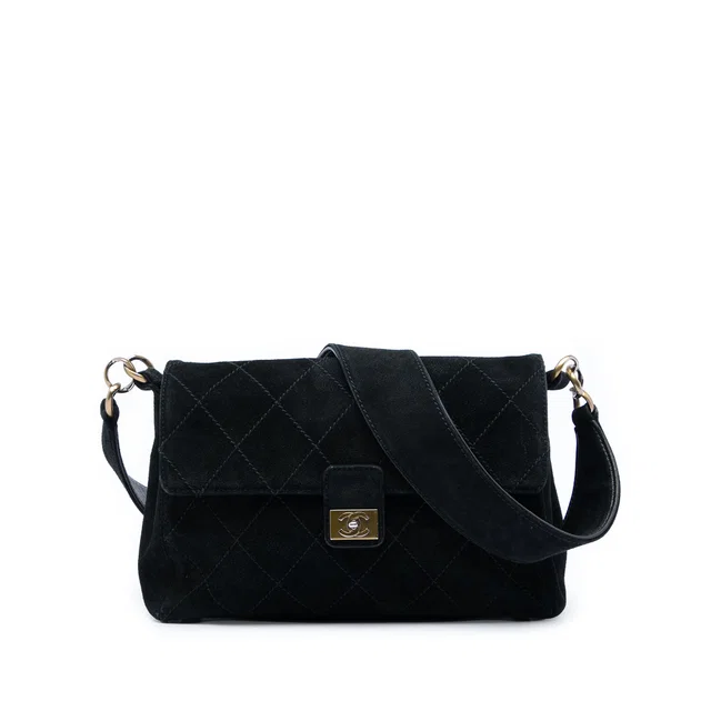 Black Chanel CC Quilted Suede Shoulder Bag in Black Suede from Designer Revival