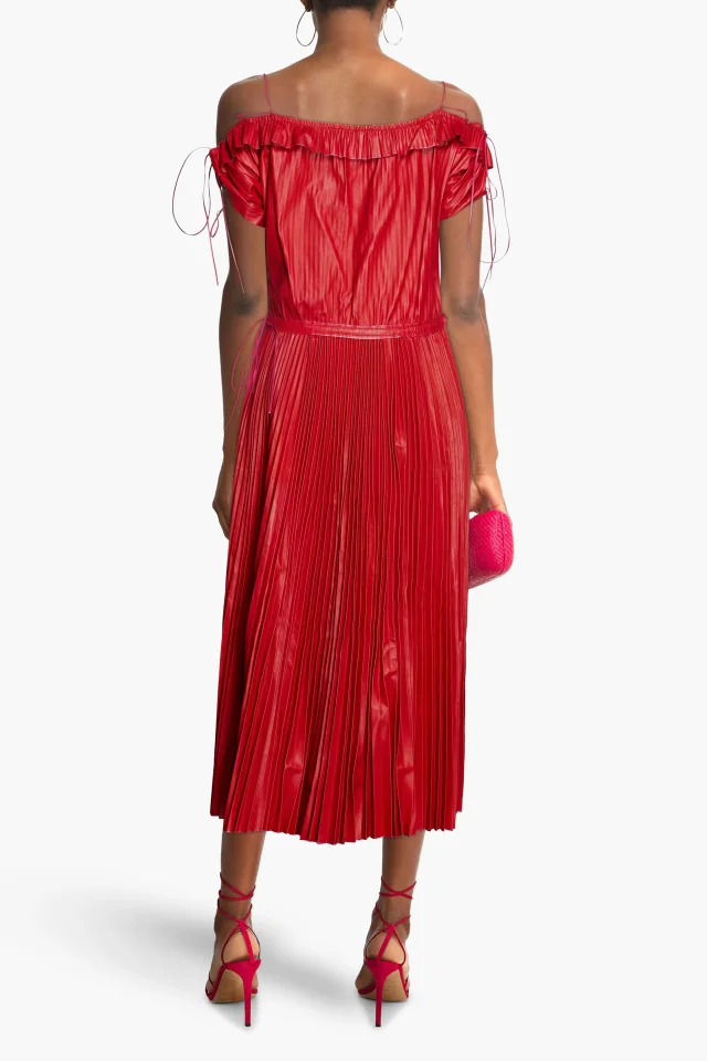 Valentino Garavani Pleated Lambskin Leather Midi Dress in Red, photo 3 of 4 from THE OUTNET