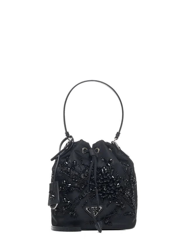 Prada Crystal-Embellished Art Deco Embroidery Bucket Bag — Black Recycled Polyamide in Black Saffiano leather from HEWI
