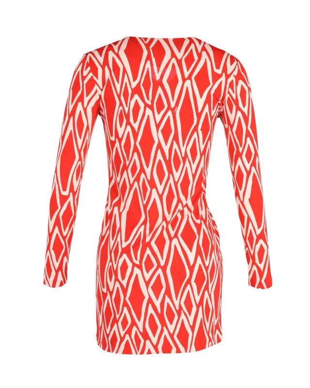 Diane von Furstenberg Printed Mini Dress in Coral Red Silk in Red, photo 3 of 3 from ShopSimon