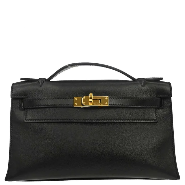 Hermès Black Swift Kelly Pochette Handbag in Black Swift leather from AMORE Vintage Tokyo