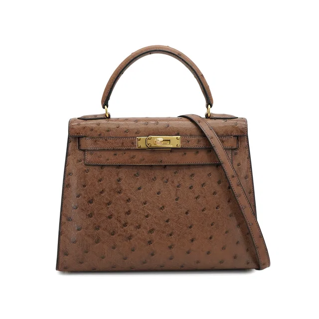 Hermès Kelly 28 Sellier Etrusque Ostrich Hand Shoulder Bag 1998 Square B Gold Hardware in Ostrich from Luxury Promise
