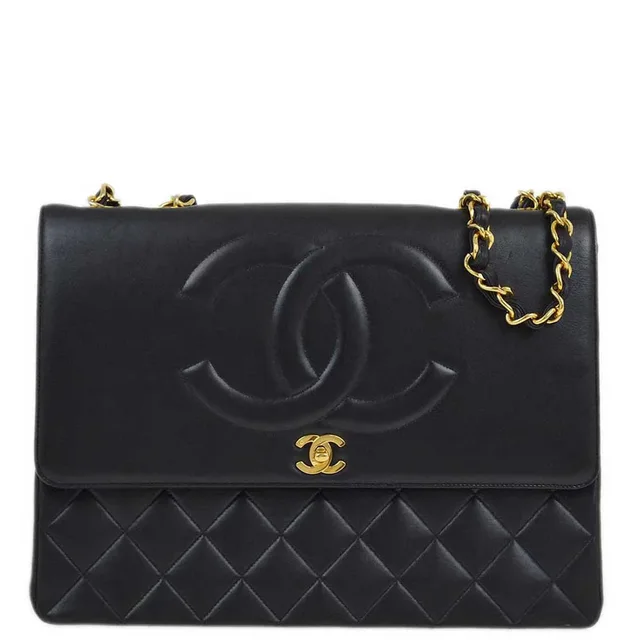 Chanel 1991-1994 Black Lambskin Classic Flap Maxi Jumbo Chain Shoulder Bag in Black Lambskin from AMORE Vintage Tokyo
