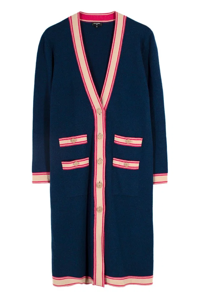 Chanel Longline Navy & Pink Cashmere Cardigan in Navy Cashmere from HEWI