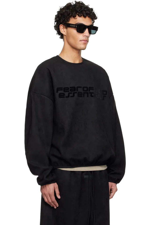 Fear of God ESSENTIALS Black Holiday Modern Crewneck Faux-Suede Sweatshirt, photo 2 of 4 from SSENSE