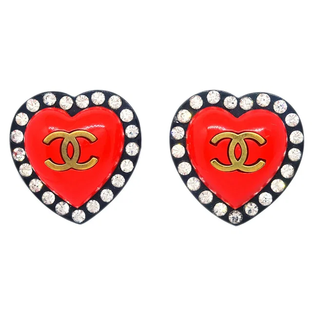 Chanel Heart Rhinestone Earrings Clip-On Red 95P in Red Resin from AMORE Vintage Tokyo