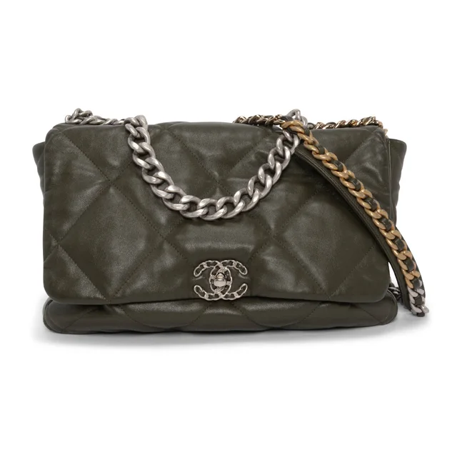Maxi Chanel 19 Flap Bag in Khaki Goatskin from Blue Spinach